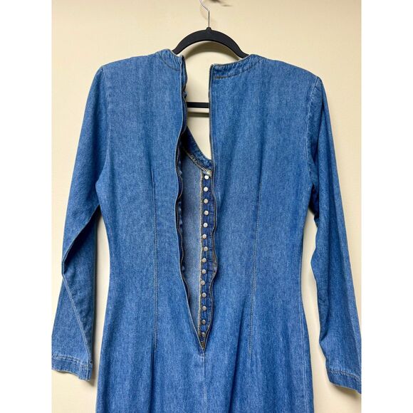 EXPRESS Vintage 80's Denim Long Sleeve Midi Dress Button Front V-Neck, Sz 6 - Picture 9 of 13
